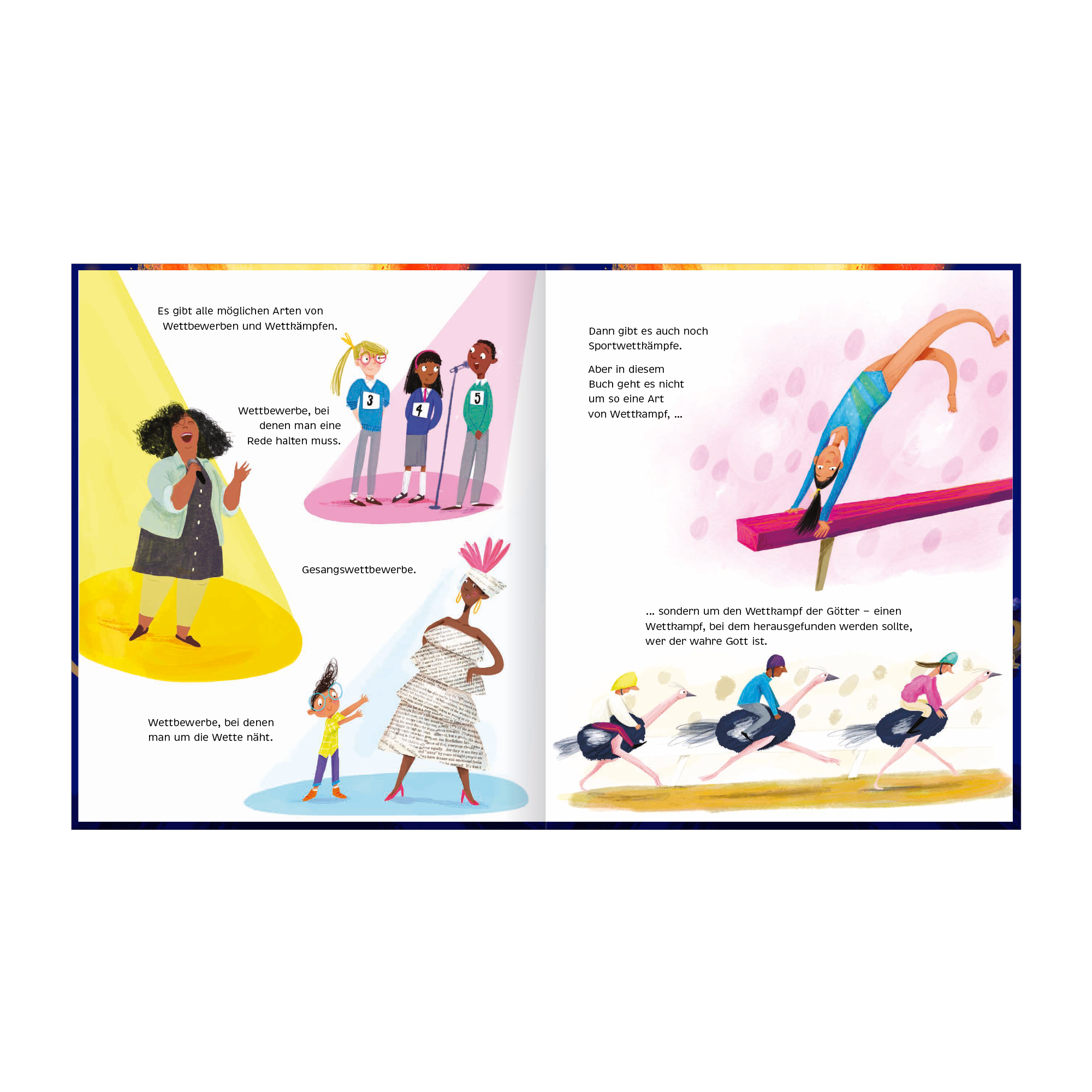 Bunte Illustrationen verschiedener Wettkämpfe und Sportarten Illustration zu verschiedenen Wettbewerben: Redner, Sänger,