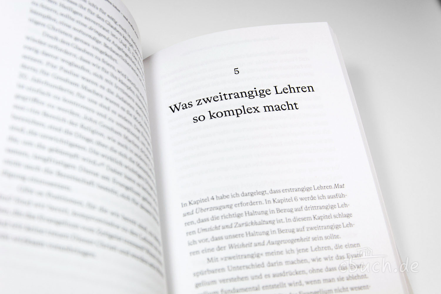 Buchseite Kapitel 5: Was zweitrangige Lehren so komplex mach Offenes Buch mit Kapitelüberschrift Was zweitrangige Lehren