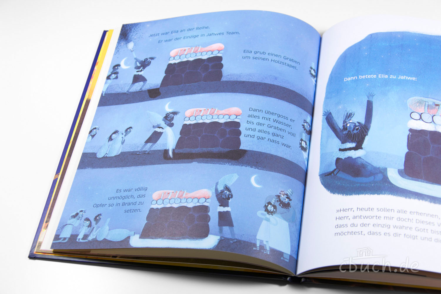 Geöffnete Kinderbibel mit Bildern und Text in blauen Farbtön