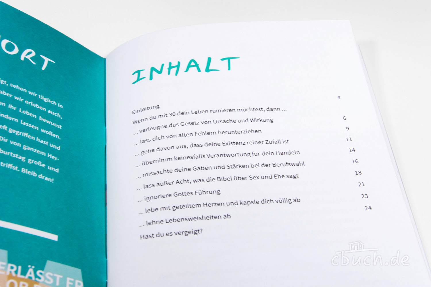 Inhaltsverzeichnis eines Buches mit Kapitelüberschriften Offenes Buch mit Inhalt und Kapitelliste auf weißem Hintergr