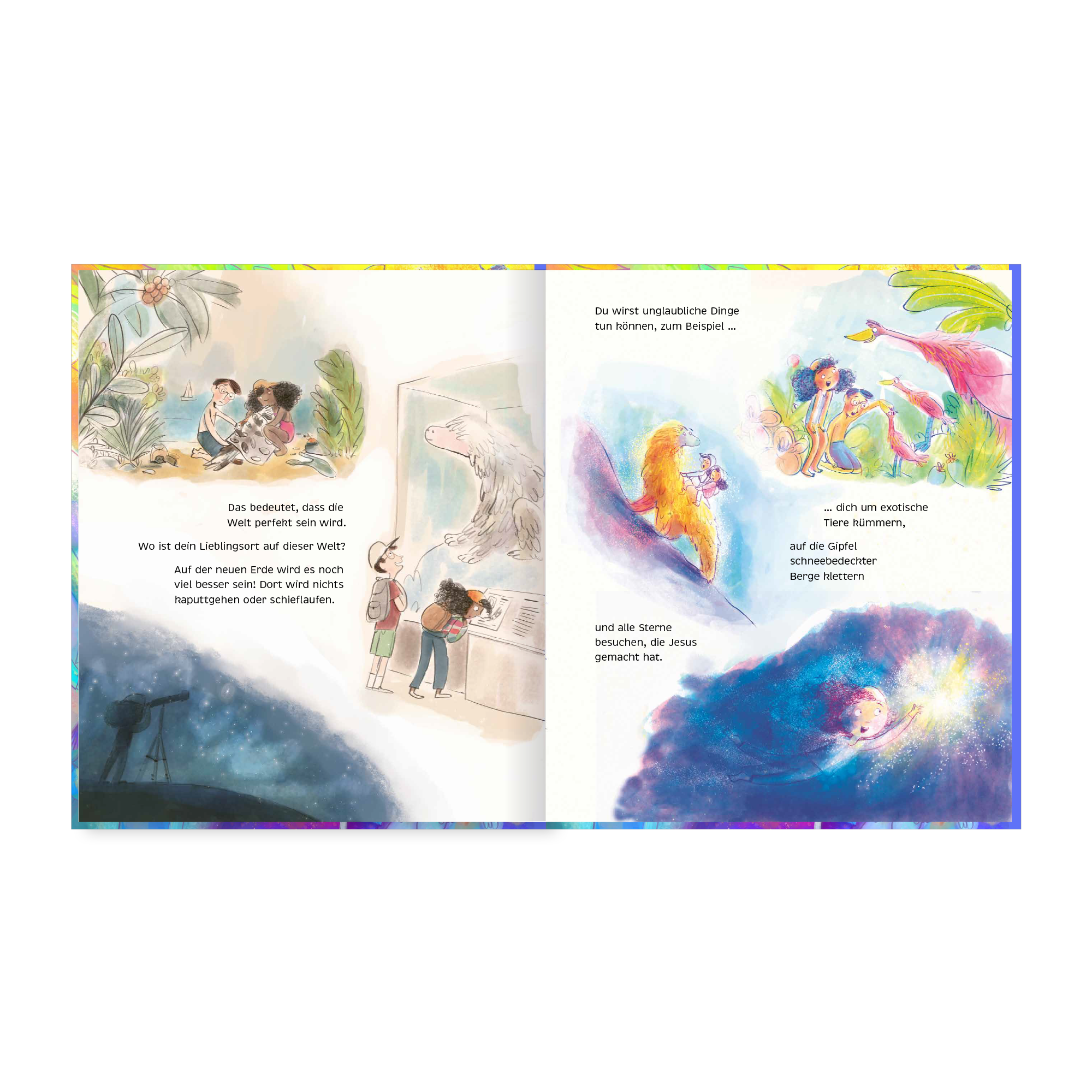 Buchseite mit bunten Illustrationen von Kindern, Tieren und