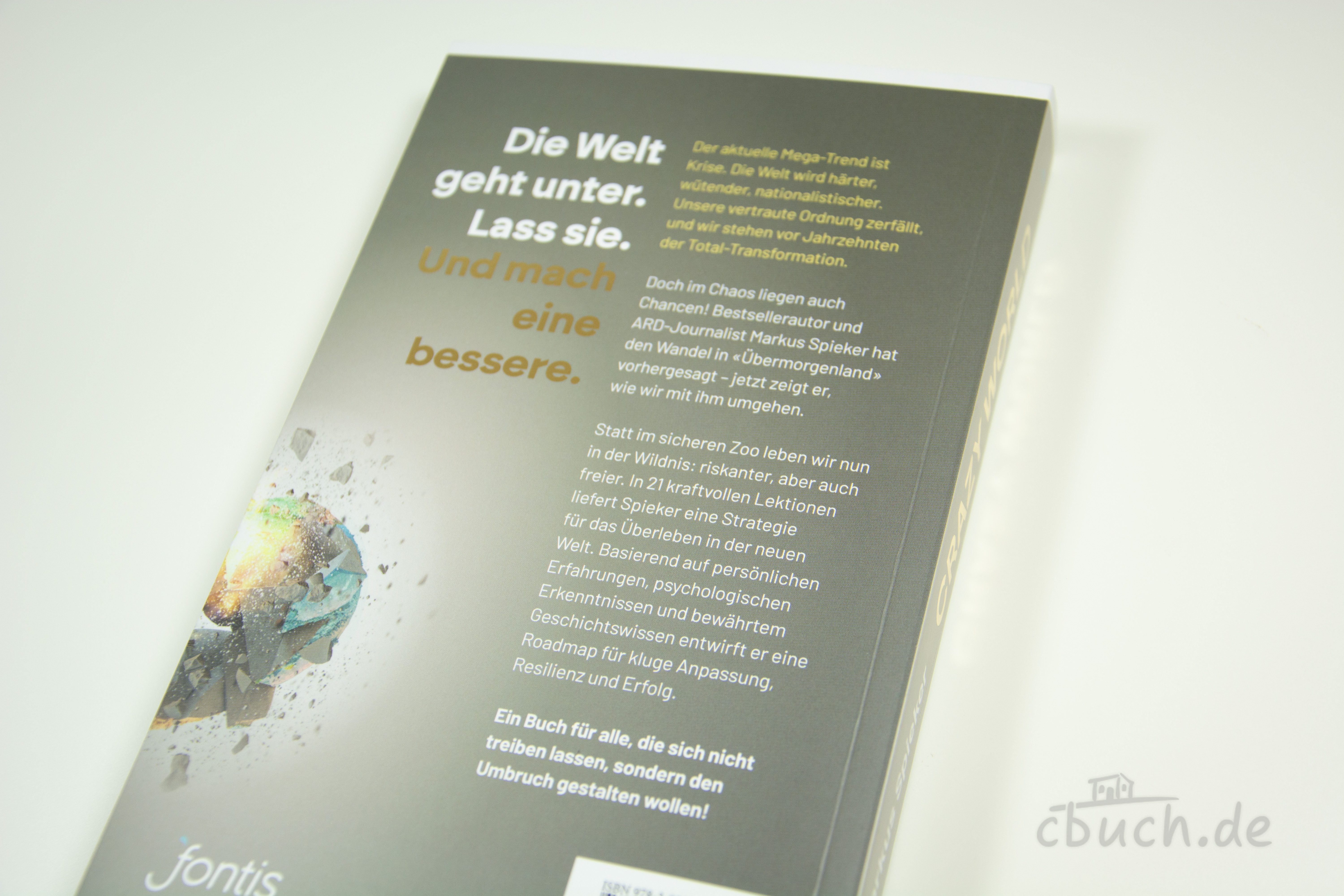 Buchrückseite mit Text und Grafik Welt geht unter Rückseite Buch mit Text und Bild einer zerbrechenden Erdkuge