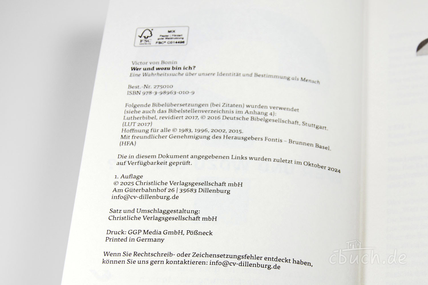 Impressumseite des Buchs Wer und wozu bin ich? von Victor vo