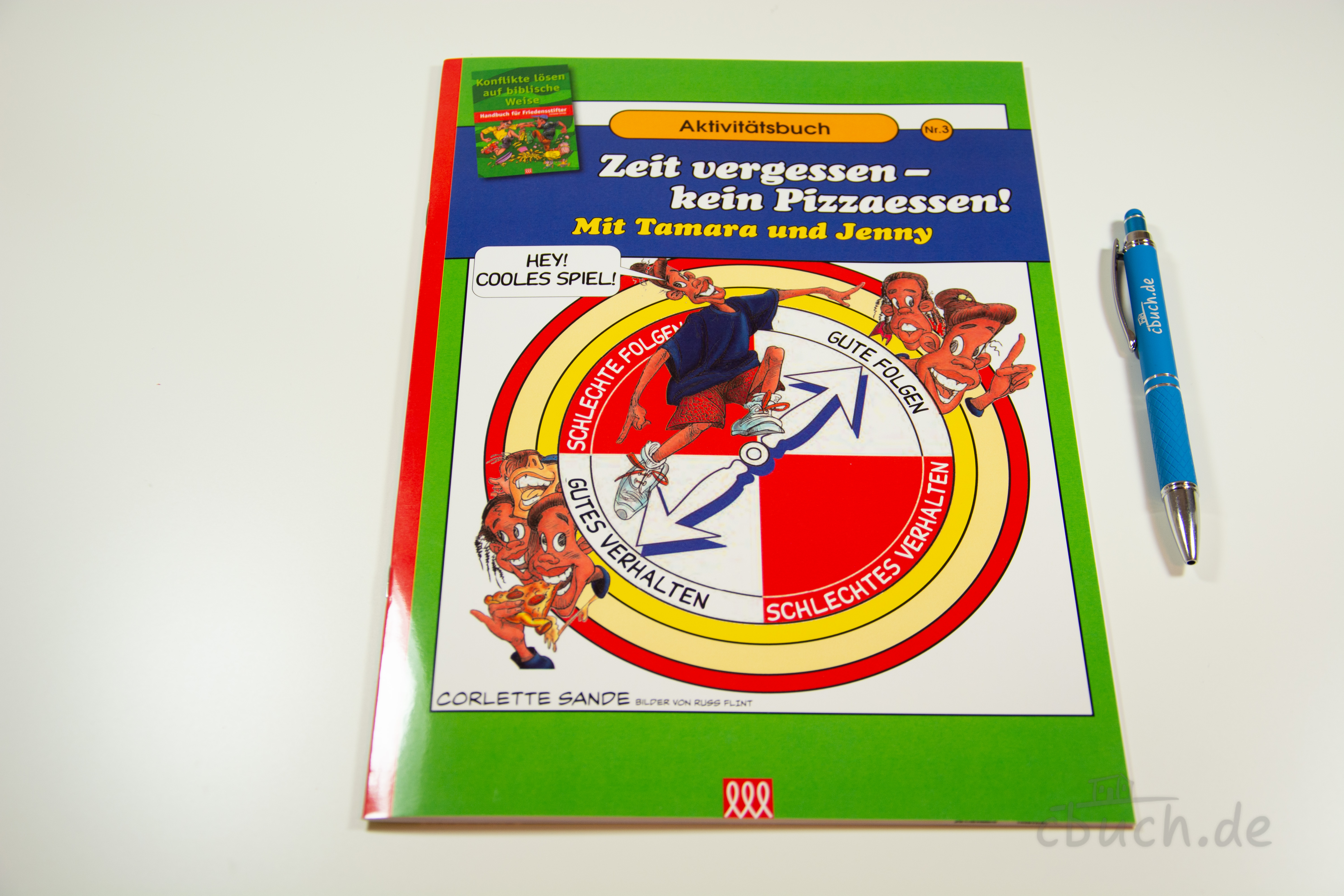 Buchcover von Corlette Sande: Handbuch für Friedensstifter - Comic Heft 3 "Zeit vergessen - kein Pizzaessen!" von 3L, Comic-Aktivitätsbuch für Kinder und Jugendliche zu biblischen Prinzipien der Konfliktlösung.