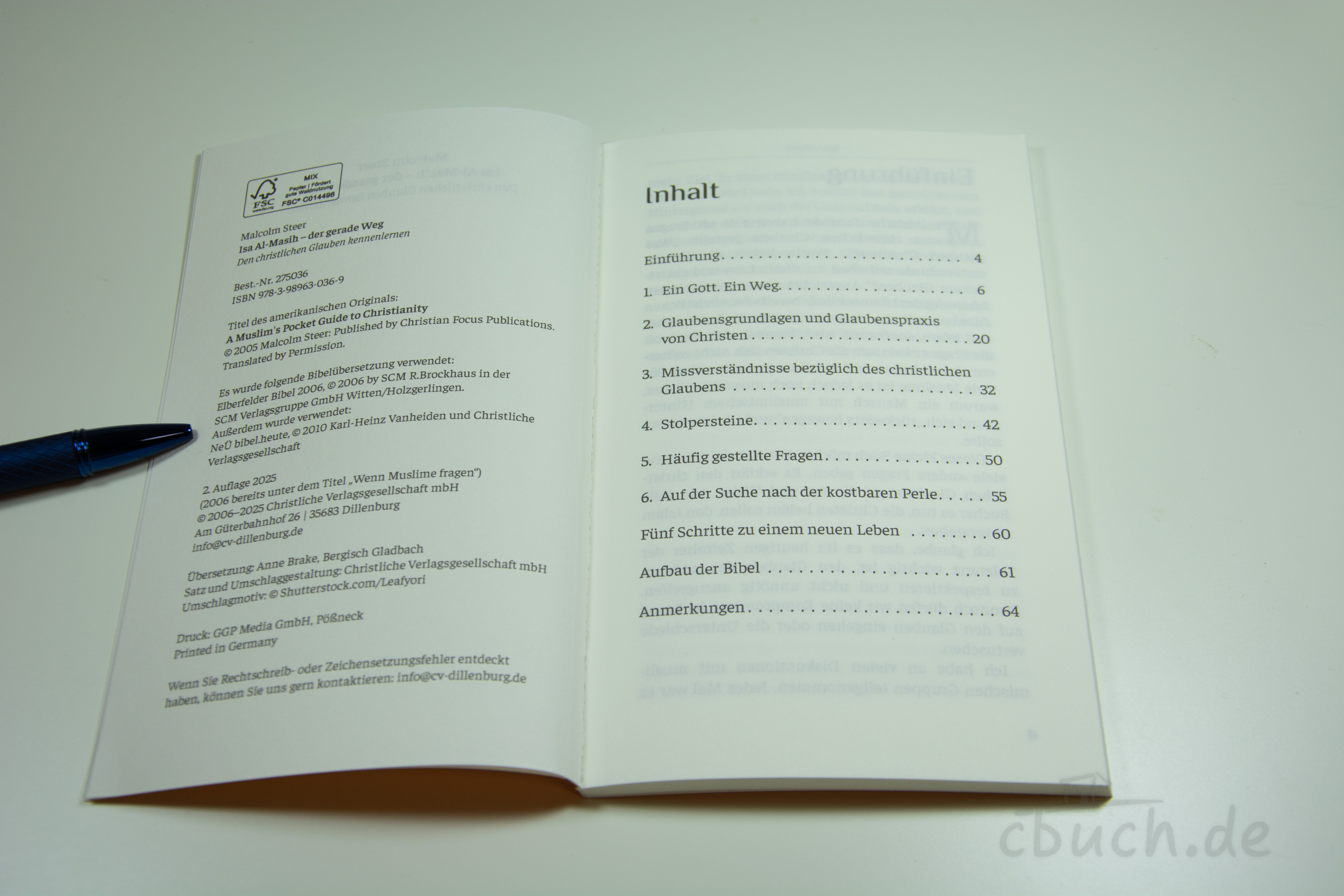 Inhaltsverzeichnis und Impressum eines christlichen Buches Offenes christliches Buch mit Inhaltsverzeichnis und einem b