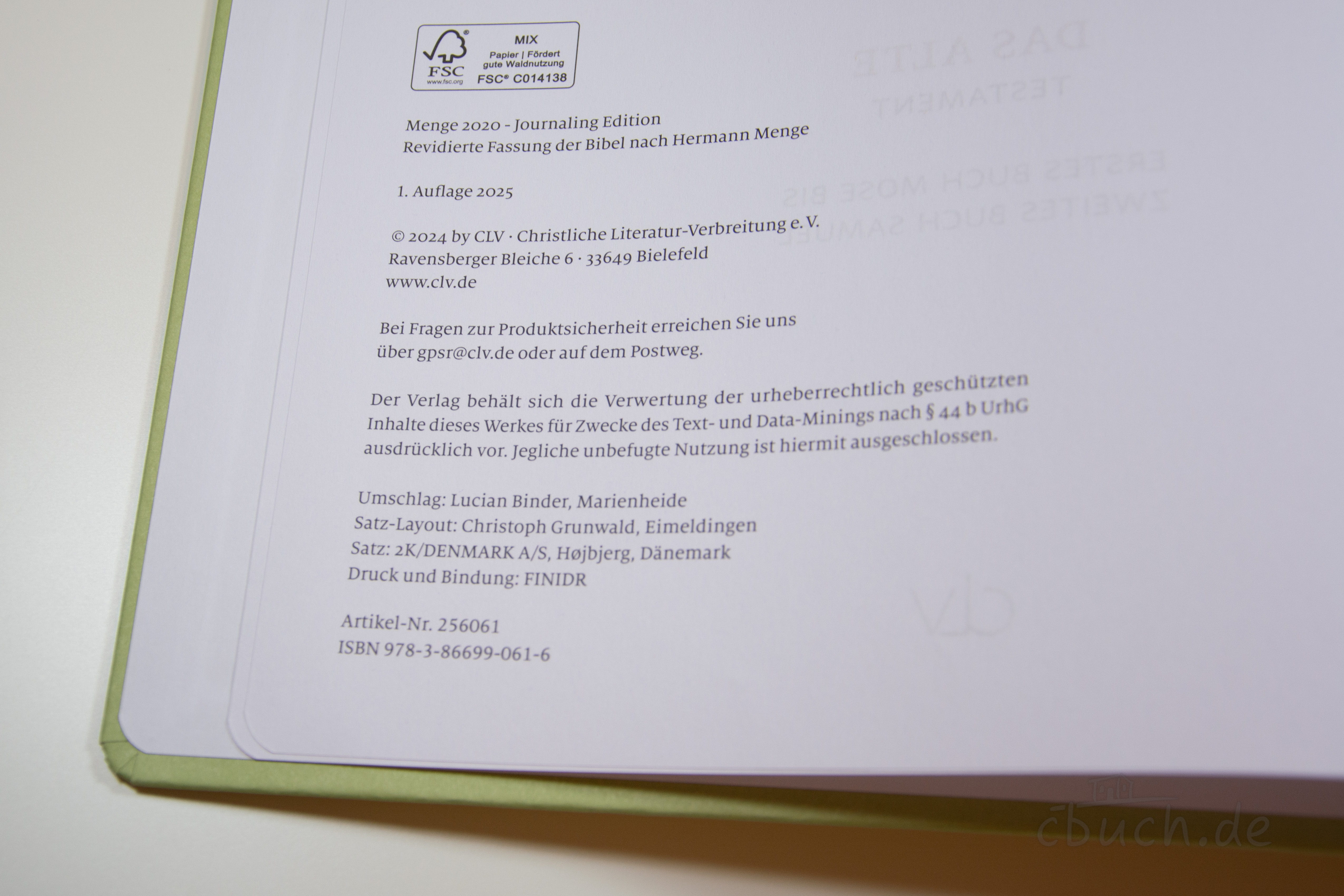 Menge 2020 (Bibel) AT – Mose bis Samuel – Journaling Edition, Impressumsseite Impressumsseite der Menge 2020 (Bibel) AT – Mose bis Samuel – Journaling Edition von CLV, mit extra dickem Papier und breitem Rand für Notizen und Journaling