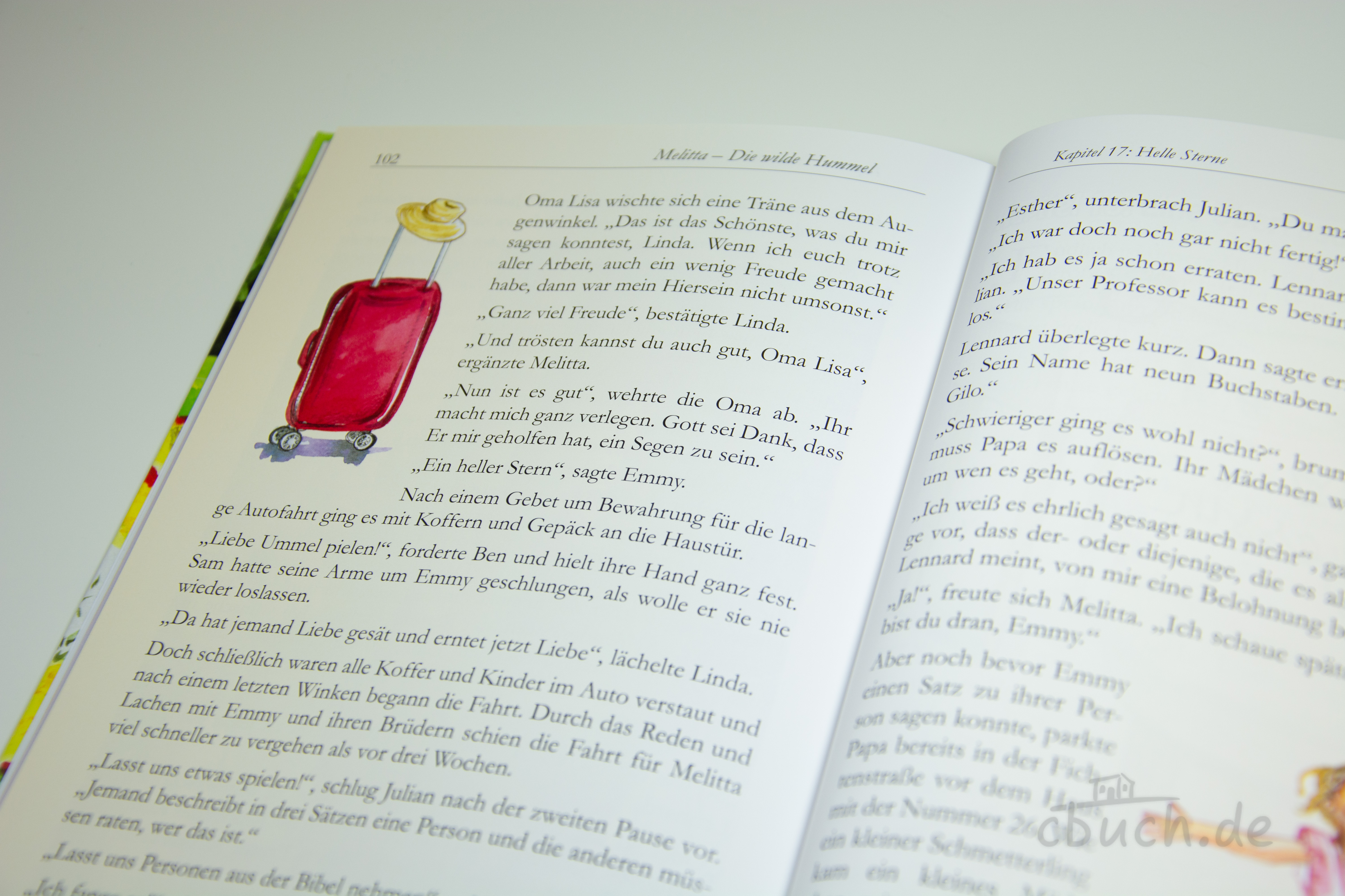 Andres: Melitta – die Hummel auf der Blumeninsel, Kinderbuch von Samenkorn Aufgeschlagenes Buch "Melitta – die Hummel auf der Blumeninsel" von Andres, christliches Kinderbuch ab 8 Jahren über Glauben, Mut und Abenteuer am Bodensee, Verlag Samenkorn