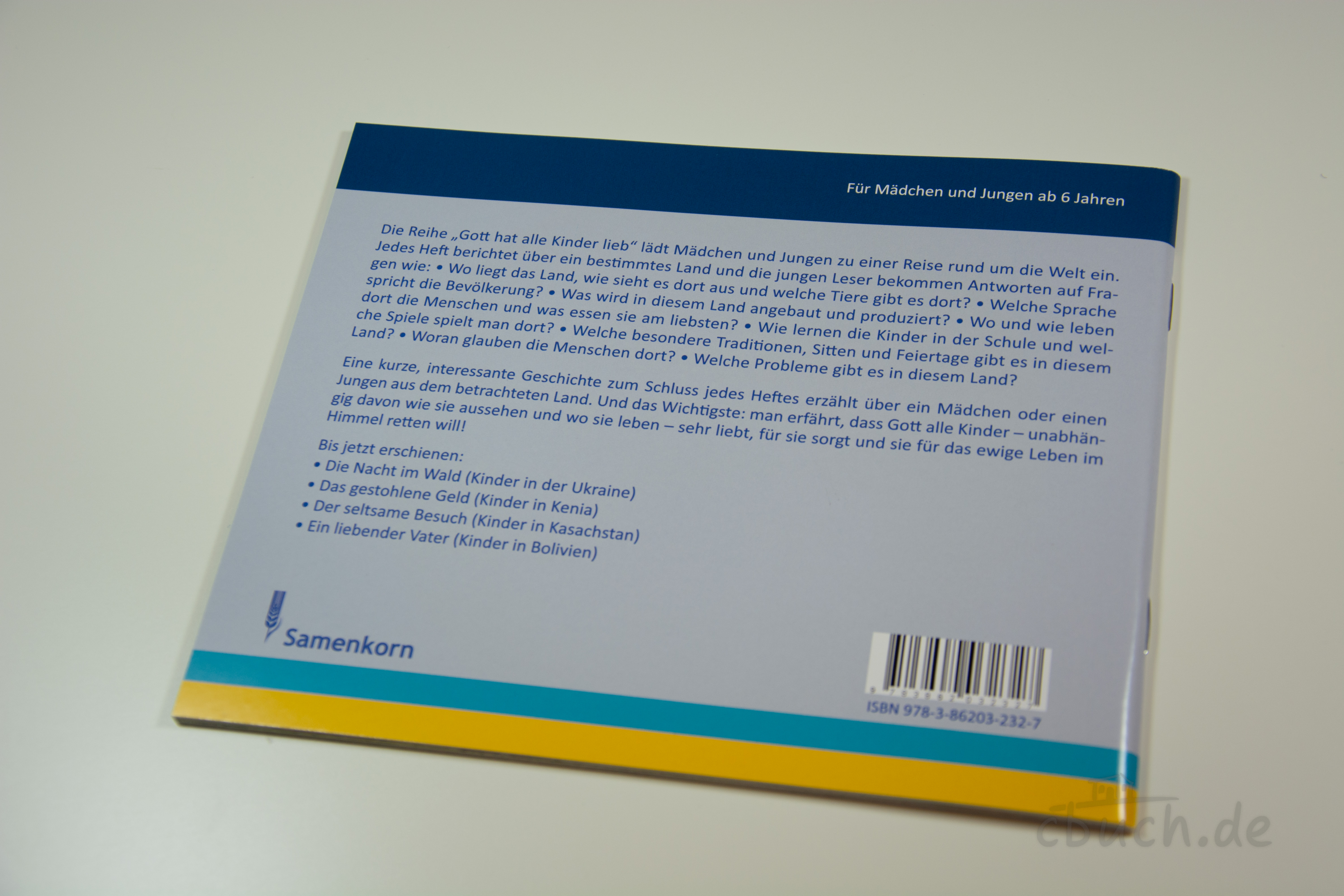 Rückseite des Kinderhefts „Der seltsame Besuch - Kinder in Kasachstan (Heft 3)“ von Samenkorn mit Beschreibung der Missionsgeschichte über Aischan in Kasachstan.