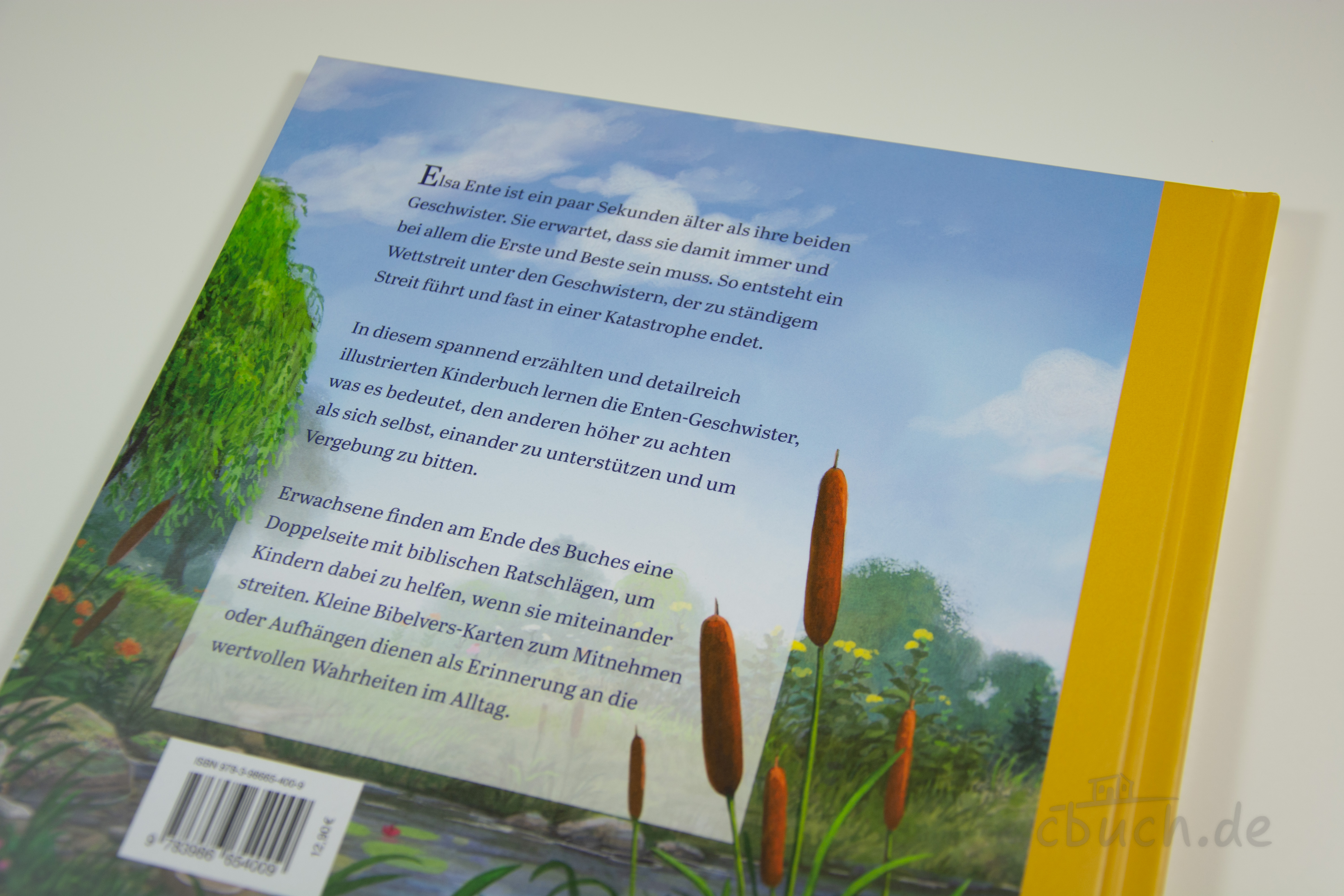 Whitman: Elsa will die Erste sein – Rückseite des Kinderbuchs Rückseite des Kinderbuchs "Whitman: Elsa will die Erste sein" von Verbum Medien mit Klappentext und Illustration einer Teichlandschaft.