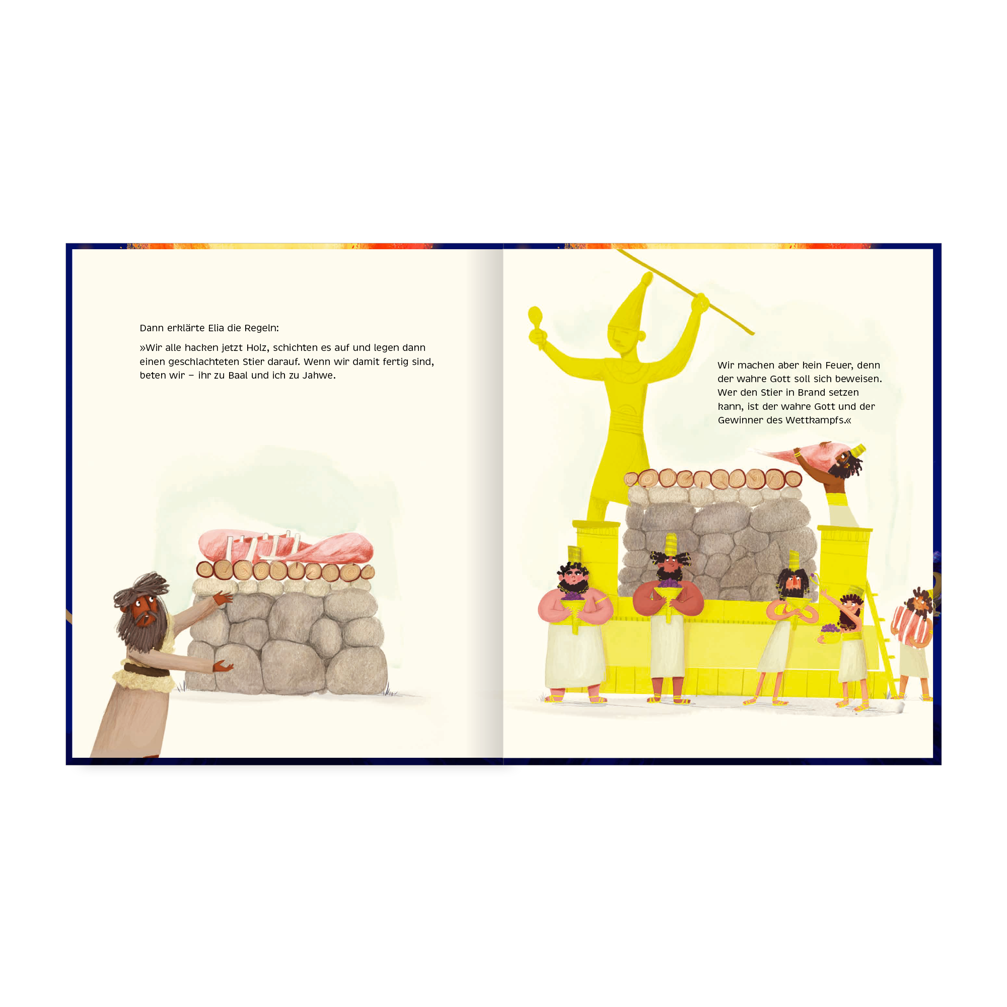 Illustration aus Kinderbuch mit antiken Götterfiguren und Sz Bunte Illustration von Menschen und Stieropfer auf steinigem