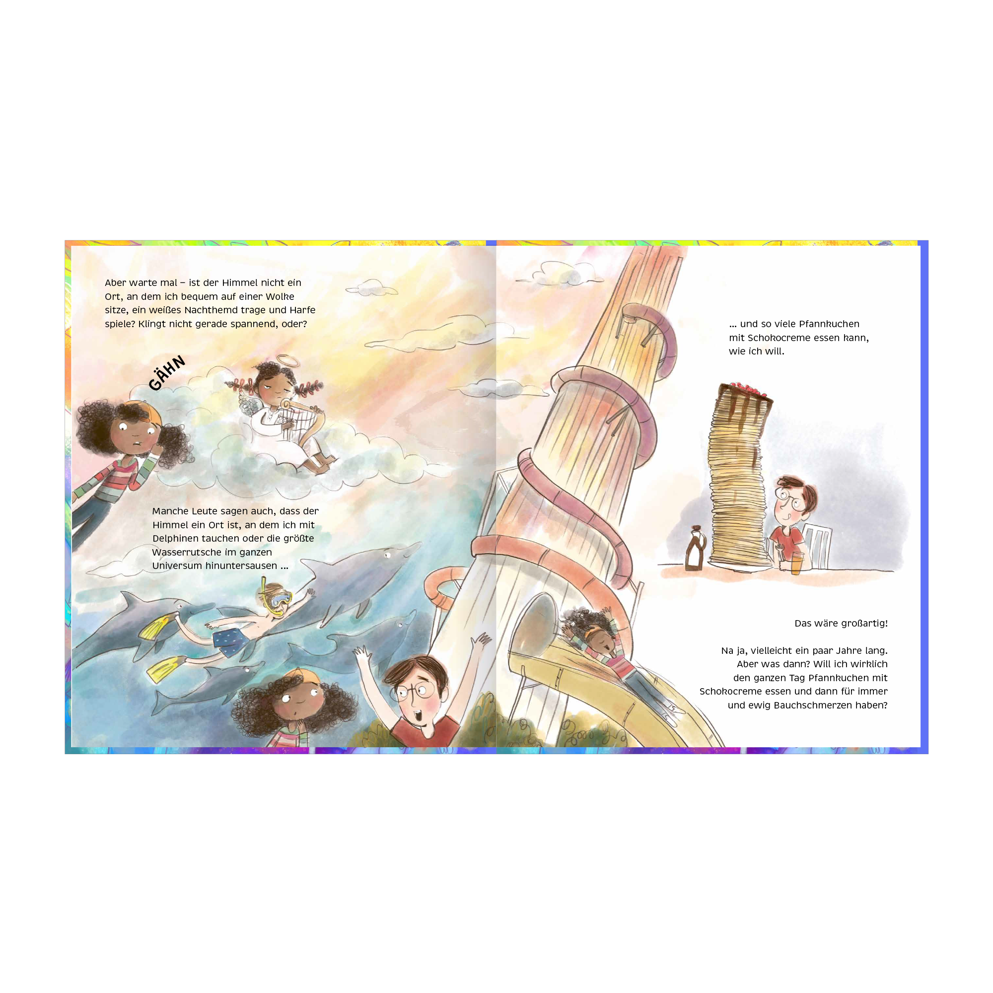 Bilderbuchseite mit Kind in Himmel, Delfinen und Pfannkuchen Illustration aus Kinderbuch mit Himmel, Harfe, Delfinen und