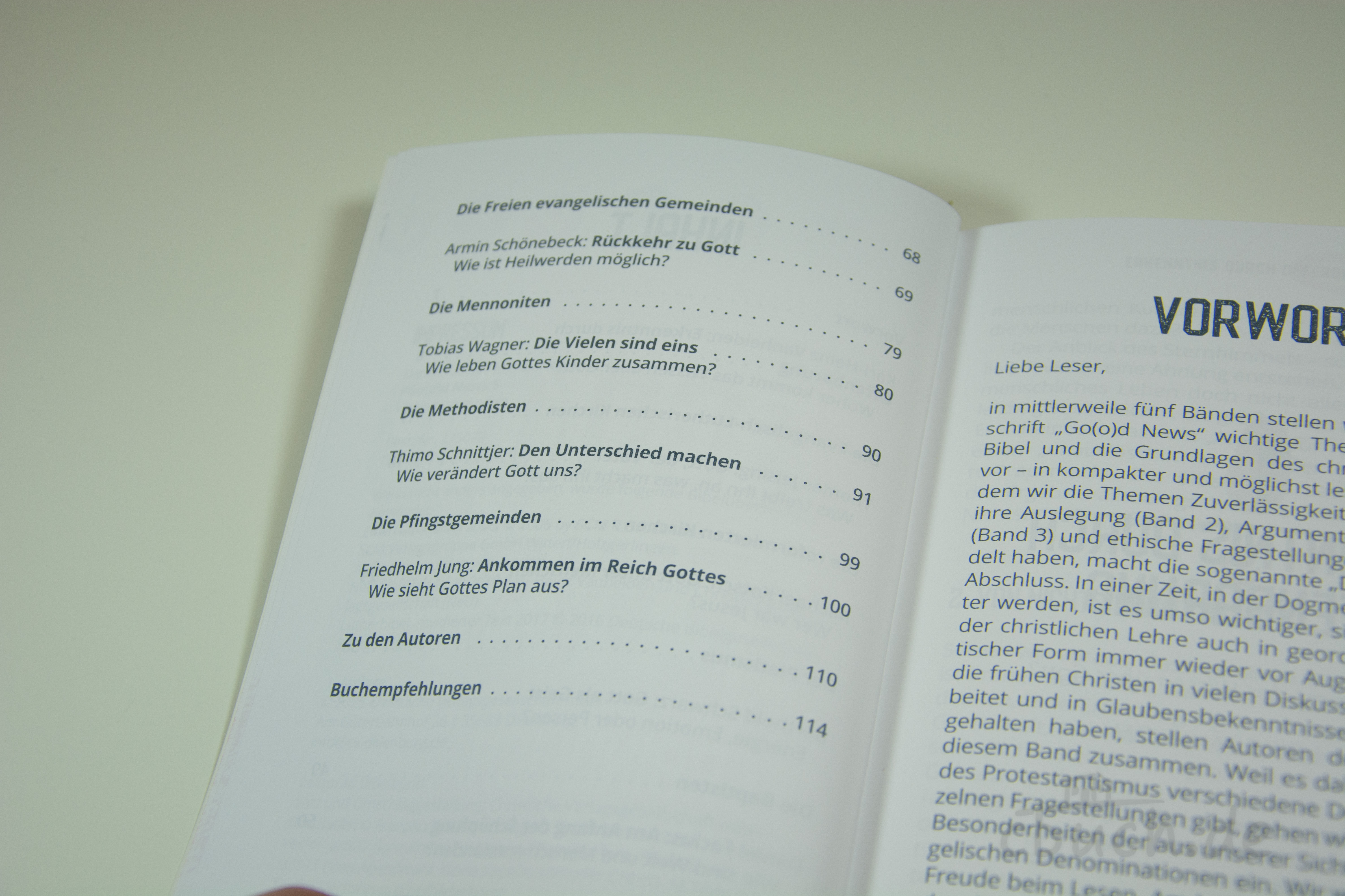 Inhaltsverzeichnis eines Buchs über evangelische Gemeinden Geöffnete Buchseite mit Inhaltsverzeichnis zu verschiedenen