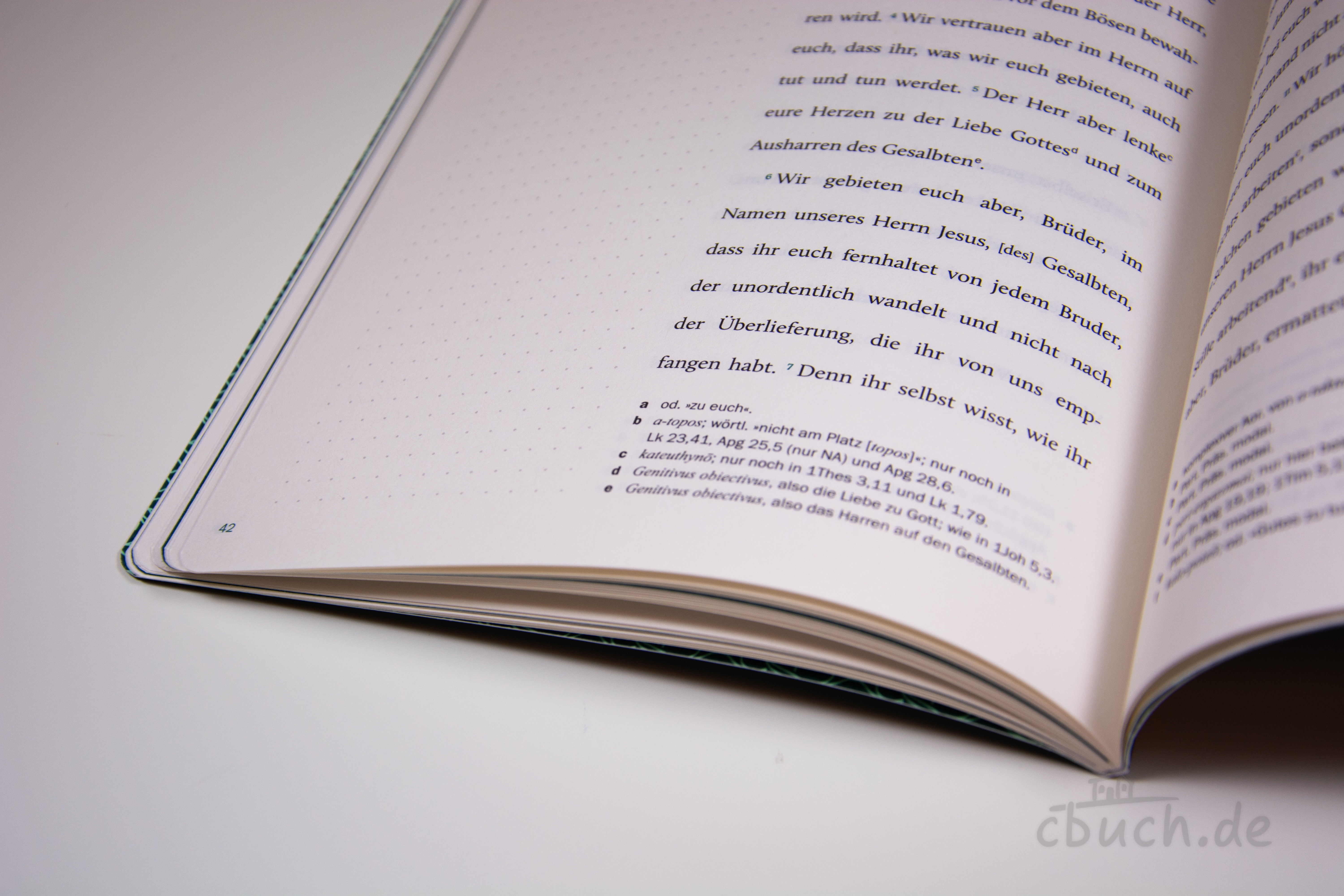 EsraBibel – Logbuch: Thessalonicher, geöffnete Innenseiten mit breitem Rand Geöffnete Innenseiten von EsraBibel – Logbuch: Thessalonicher von CLV mit Bibeltext, großem Zeilenabstand und breitem Rand für Notizen zu den Briefen an die Thessalonicher