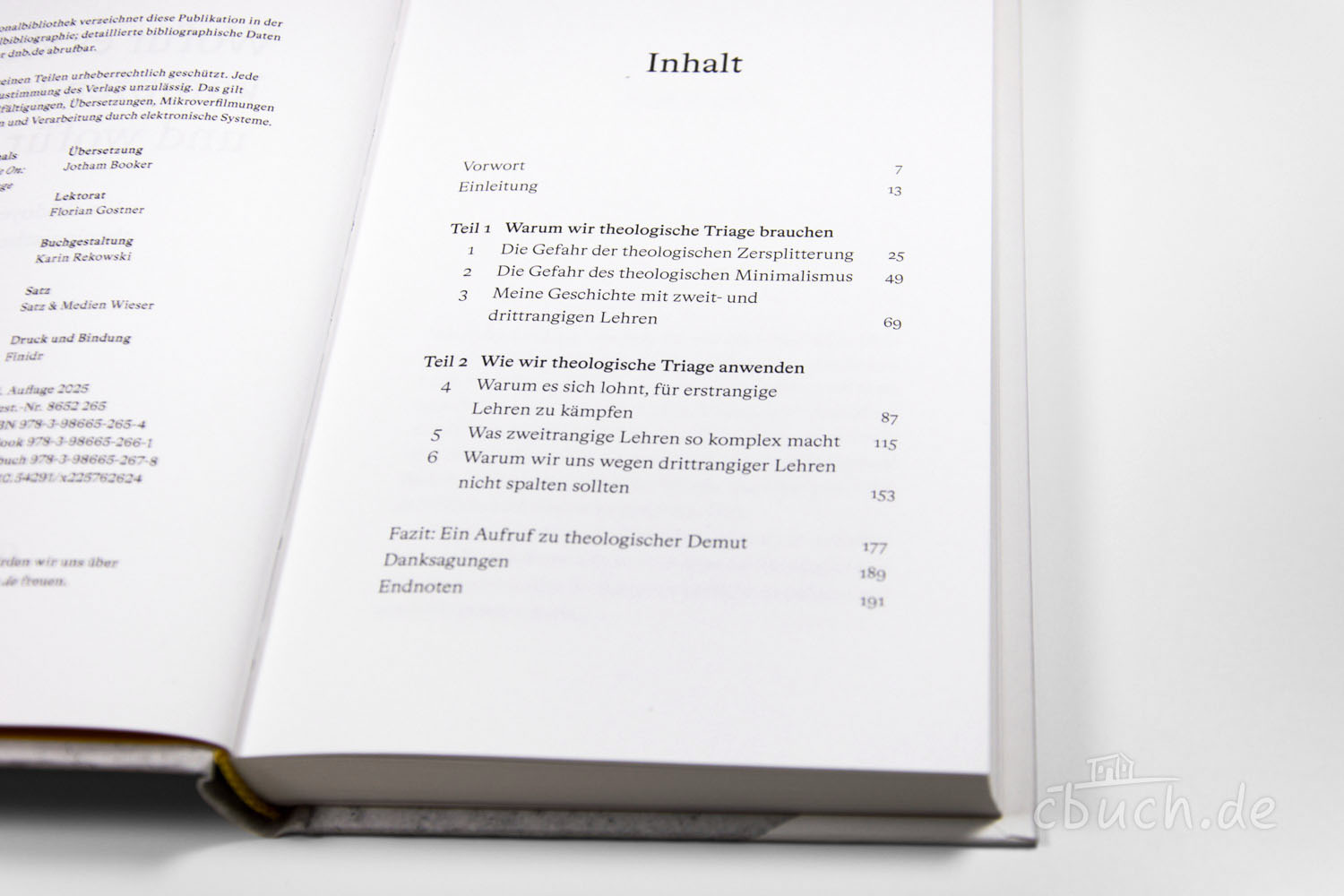 Buchseite mit Inhaltsverzeichnis theologisches Thema Inhaltsverzeichnis eines Buches zu theologischer Triage