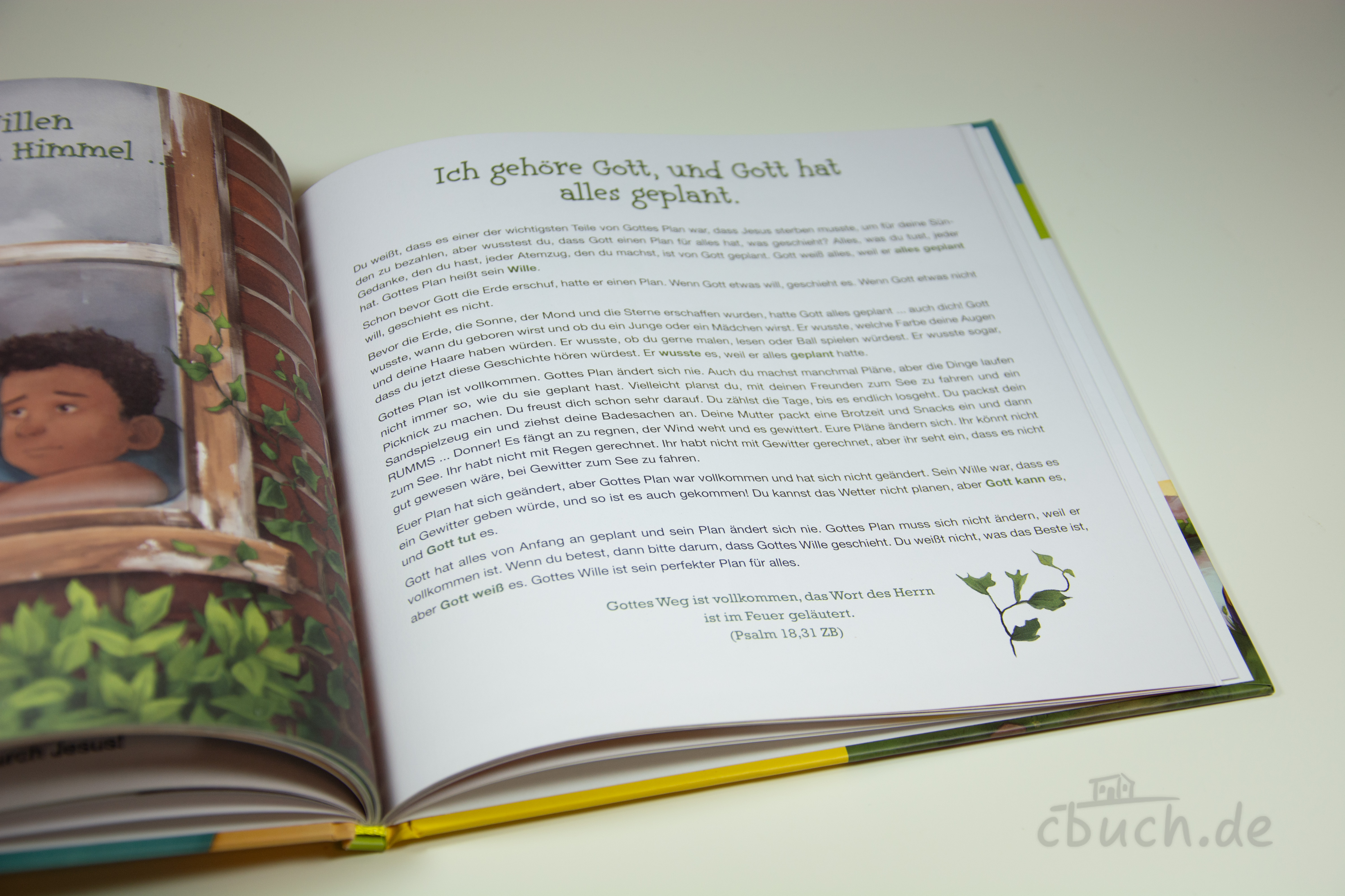 Aufgeschlagene Innenseite aus „Holstege: Ich gehöre zu Jesus - Großer Trost für kleine Leute“, farbenfrohes Andachtsbuch für Kinder über Gottes Trost und den Heidelberger Katechismus von Sola Gratia Medien