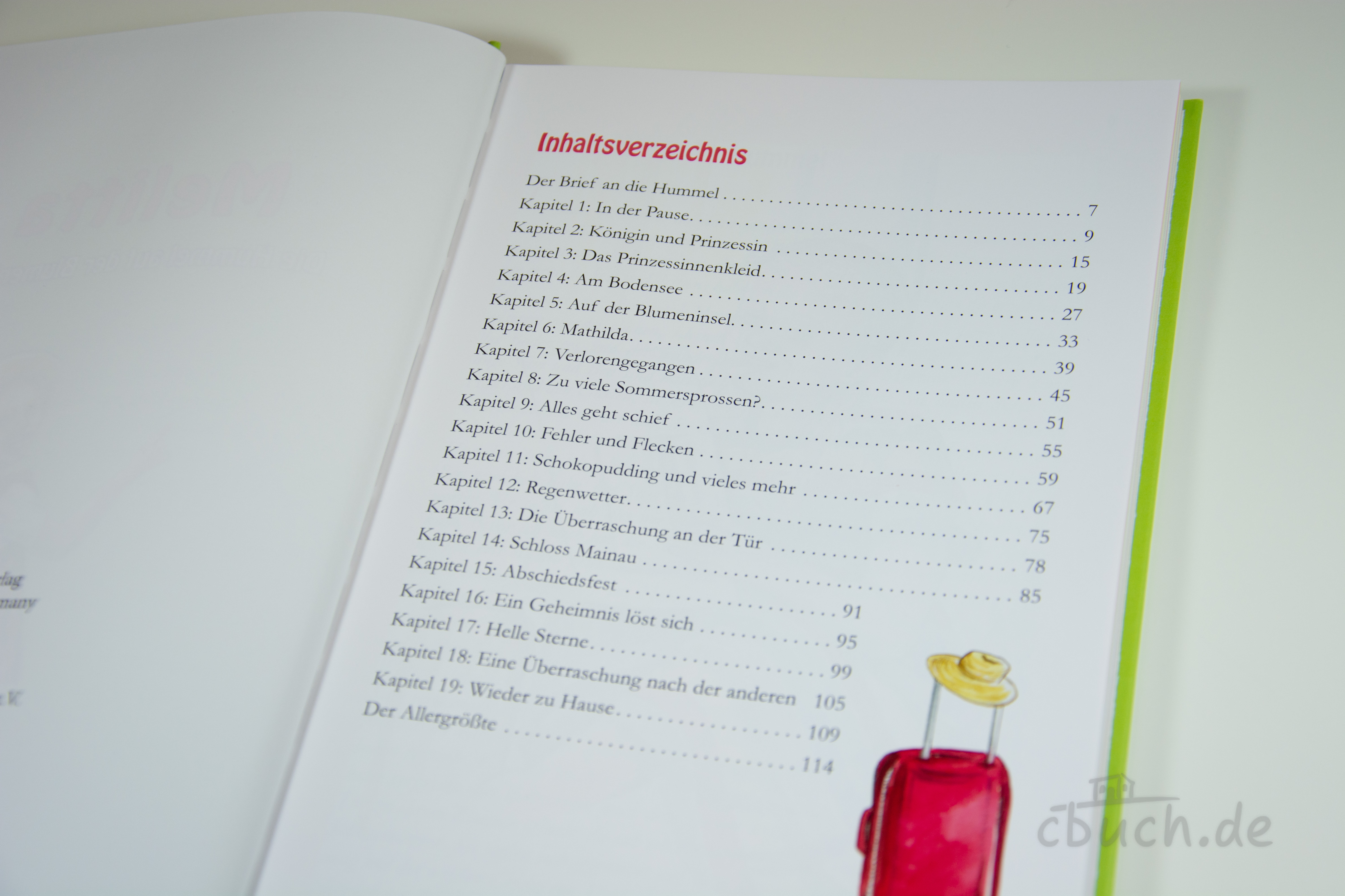Andres: Melitta – die Hummel auf der Blumeninsel, Inhaltsverzeichnis des Kinderbuchs Geöffnete Buchseite mit Inhaltsverzeichnis aus „Melitta – die Hummel auf der Blumeninsel“ von Andres, christliches Kinderbuch ab 8 Jahren über Glauben und Abenteuer am Bodensee, Verlag Samenkorn.