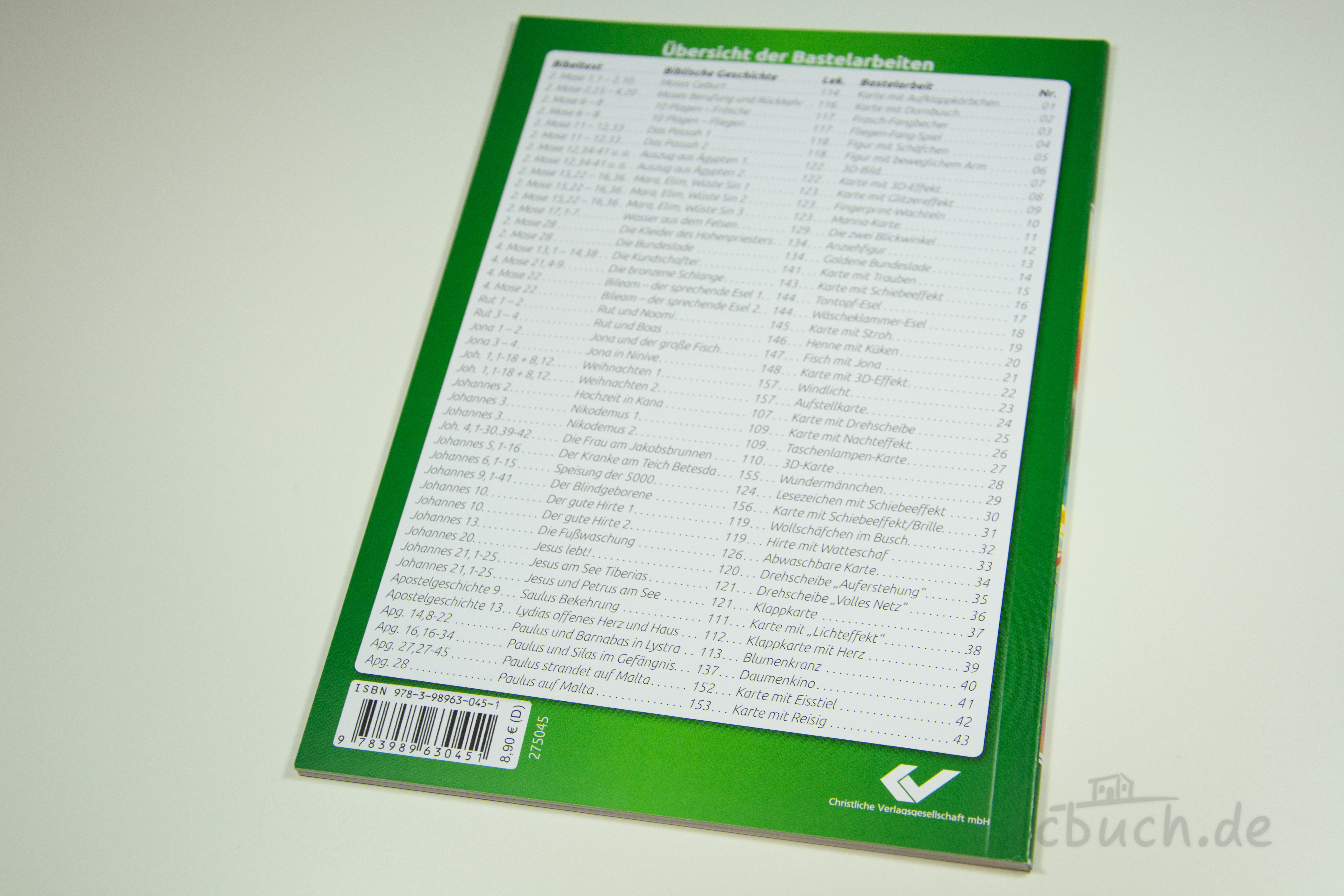 Rückseite des Bastelhefts „Basteln zu biblischen Geschichten - Teil 2“ von CV mit Übersicht zu 43 Bastelarbeiten aus dem Alten und Neuen Testament