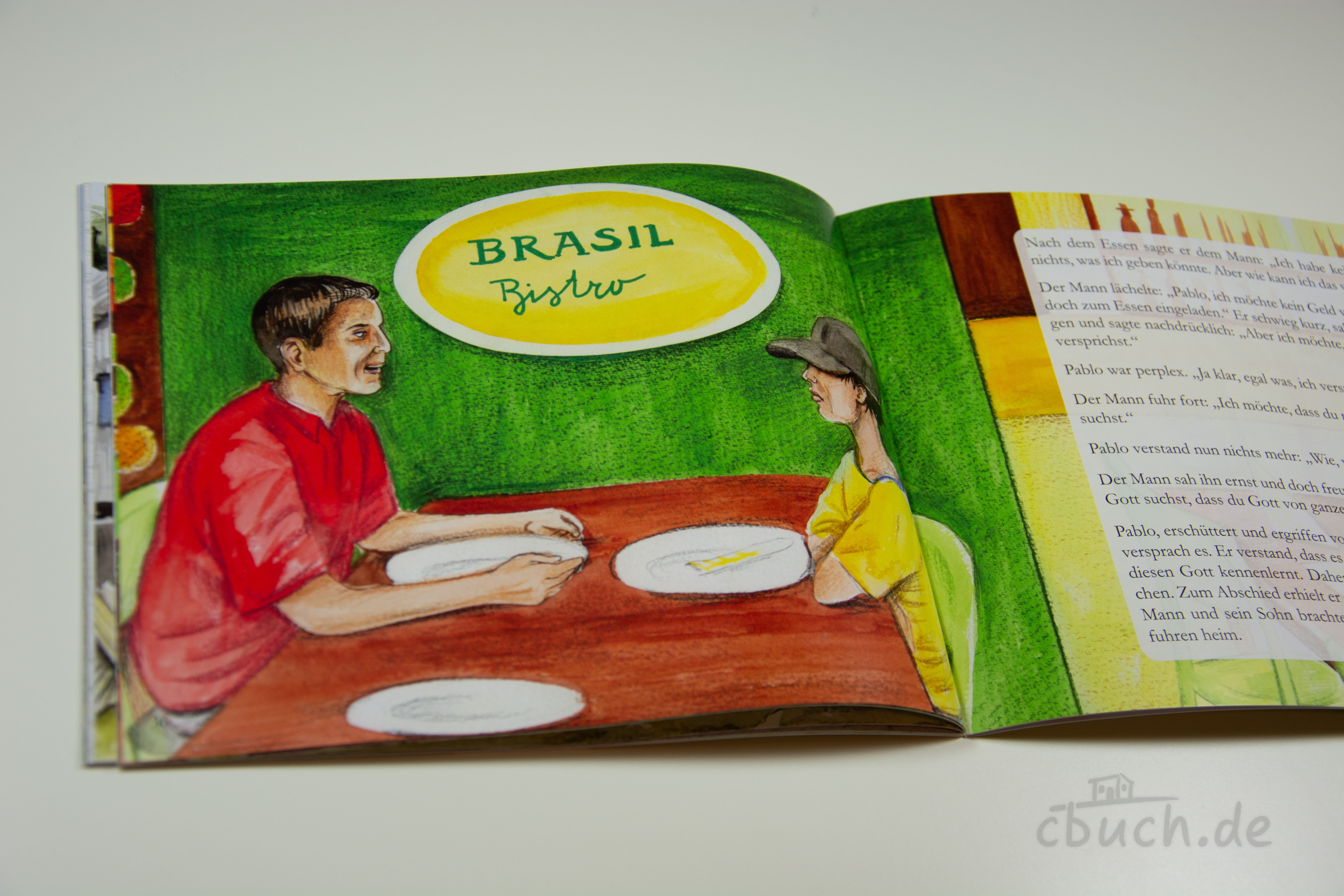 Illustration aus Das Treffen im Bistro - Kinder in Brasilien (Heft 6): Pablo sitzt mit einem Mann im Bistro in Brasilien, farbig bebilderte Missionsgeschichte für Kinder von Samenkorn.