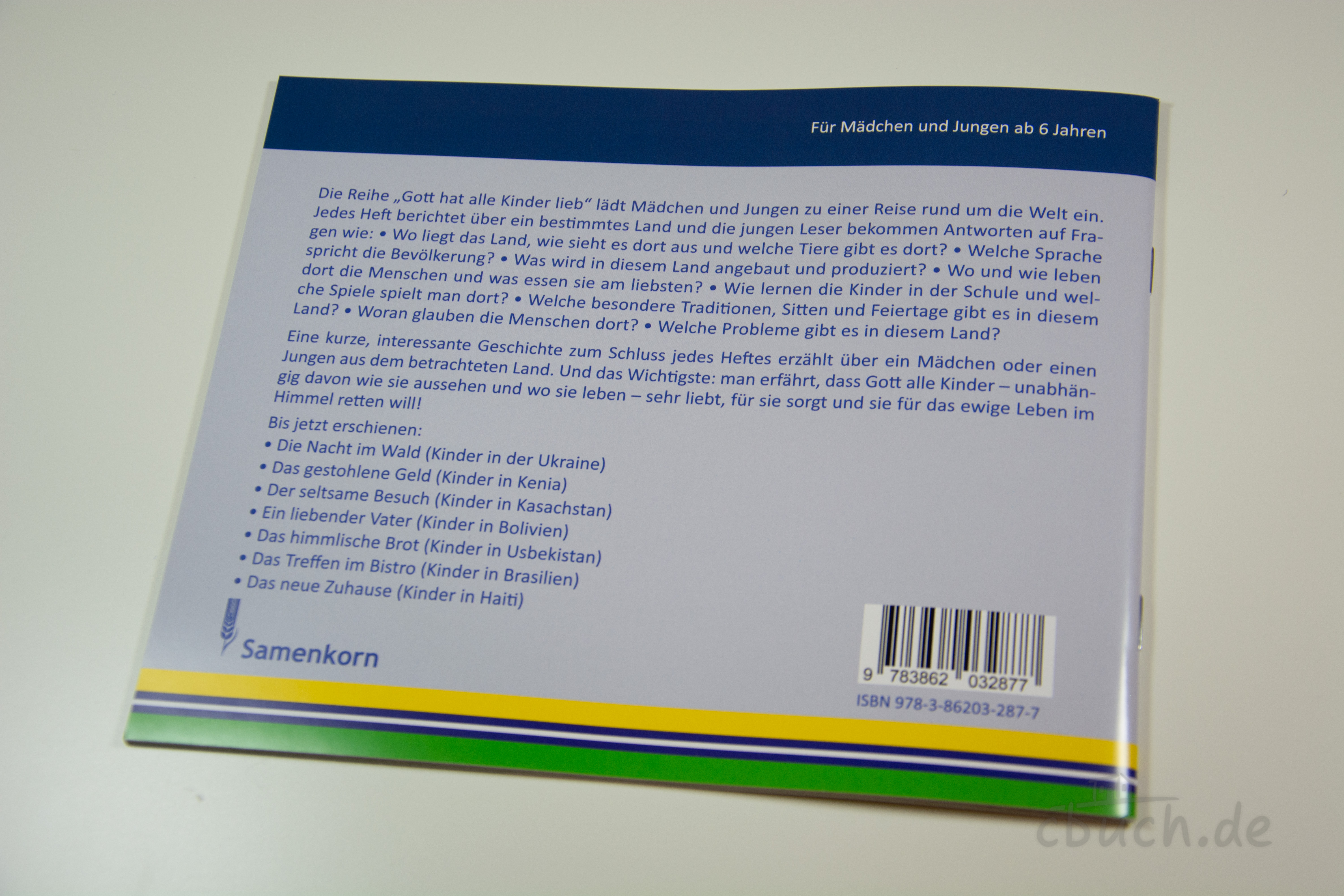 Rückseite des Kinderhefts „Das Treffen im Bistro - Kinder in Brasilien (Heft 6)“ von Samenkorn mit Beschreibung der Missionsgeschichte über Pablo aus Brasilien und Infos zur Reihe.