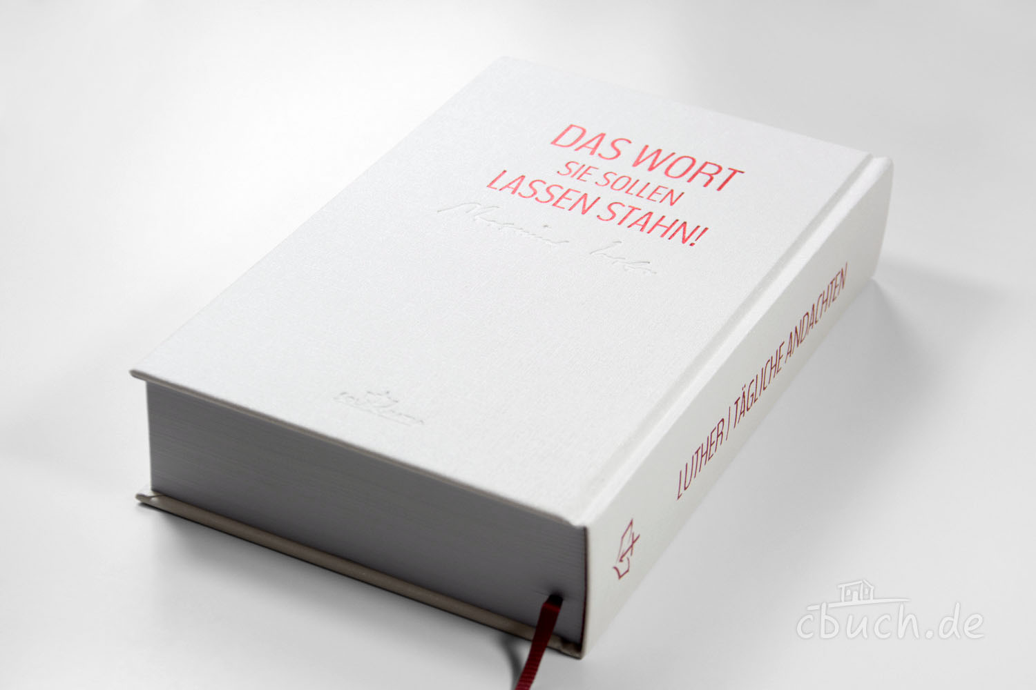 Luther Bibel, weißer Einband, tägliche Andachten Weißes Buch mit rotem Titel und Luther tägliche Andachten
