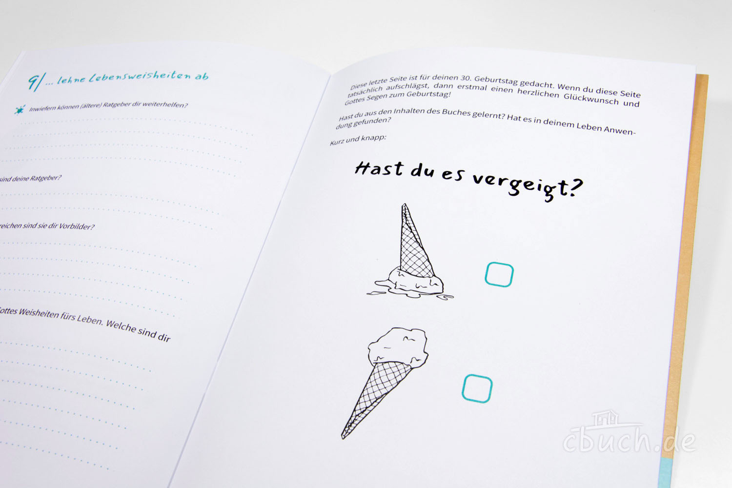 Offene Buchseite mit Eis-Illustrationen und Text zum 30. Geb Blick auf geöffnete Buchseite mit Text und zwei gezeichneten