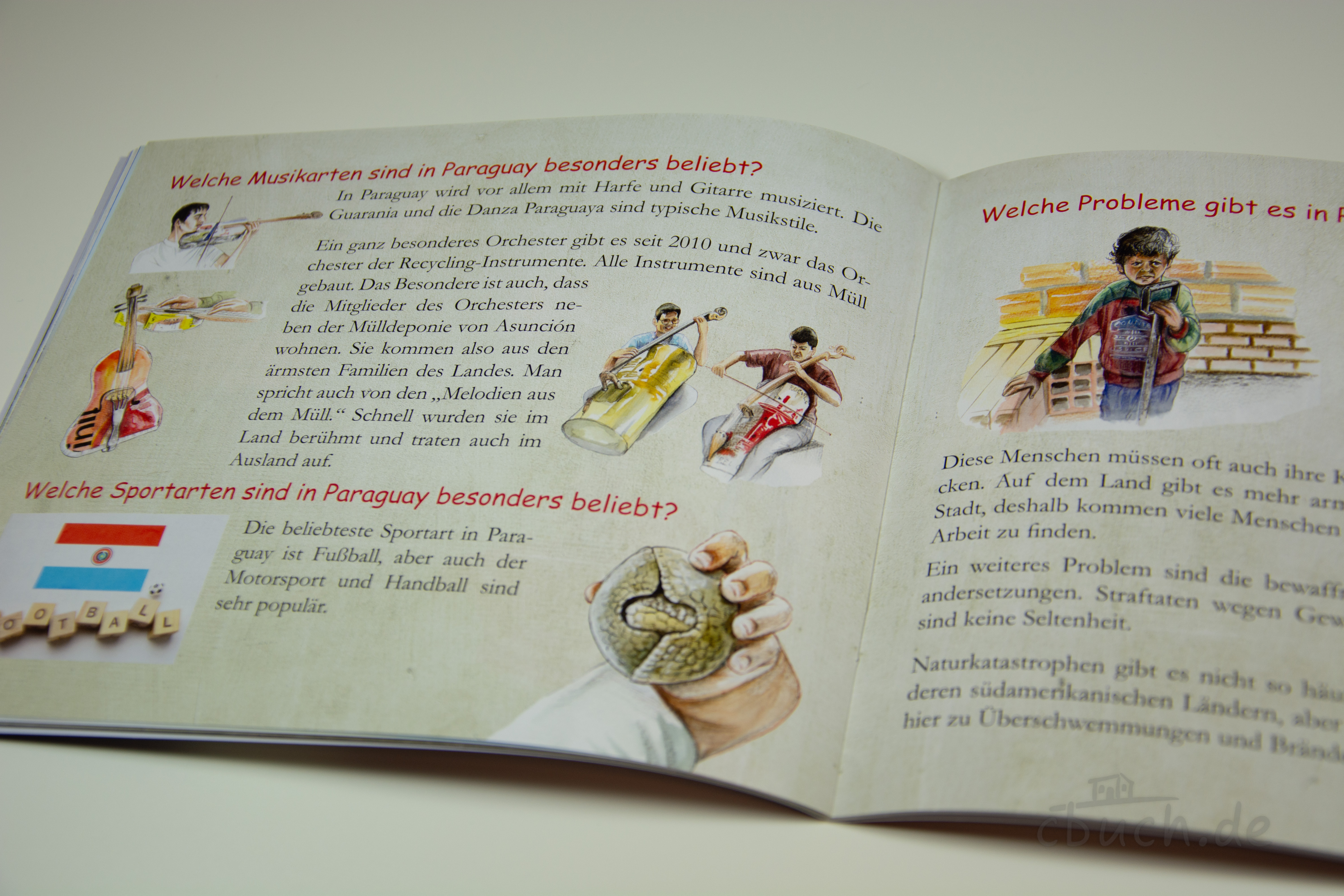 Geöffnete Innenseite aus Der fleißige Junge - Kinder in Paraguay (Heft 11) von Samenkorn mit Illustrationen und Infos zu Musik, Sport und Leben in Paraguay.