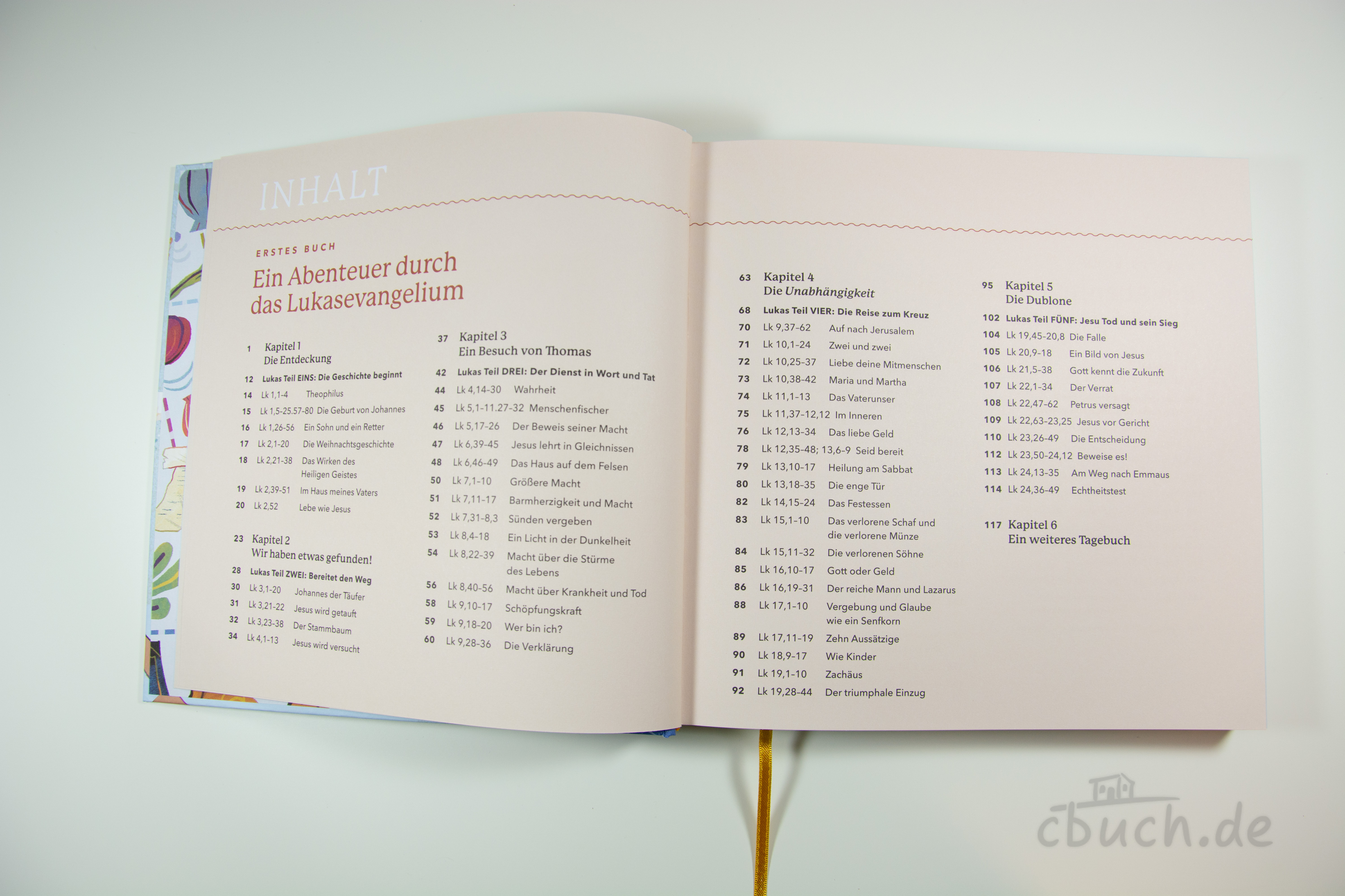 Machowski: Der verborgene Schatz – Inhaltsverzeichnis des Kinderbuchs Aufgeschlagenes Buch "Machowski: Der verborgene Schatz" von Marty Machowski mit Inhaltsverzeichnis zu Lukasevangelium und Apostelgeschichte, erschienen bei Verbum Medien.