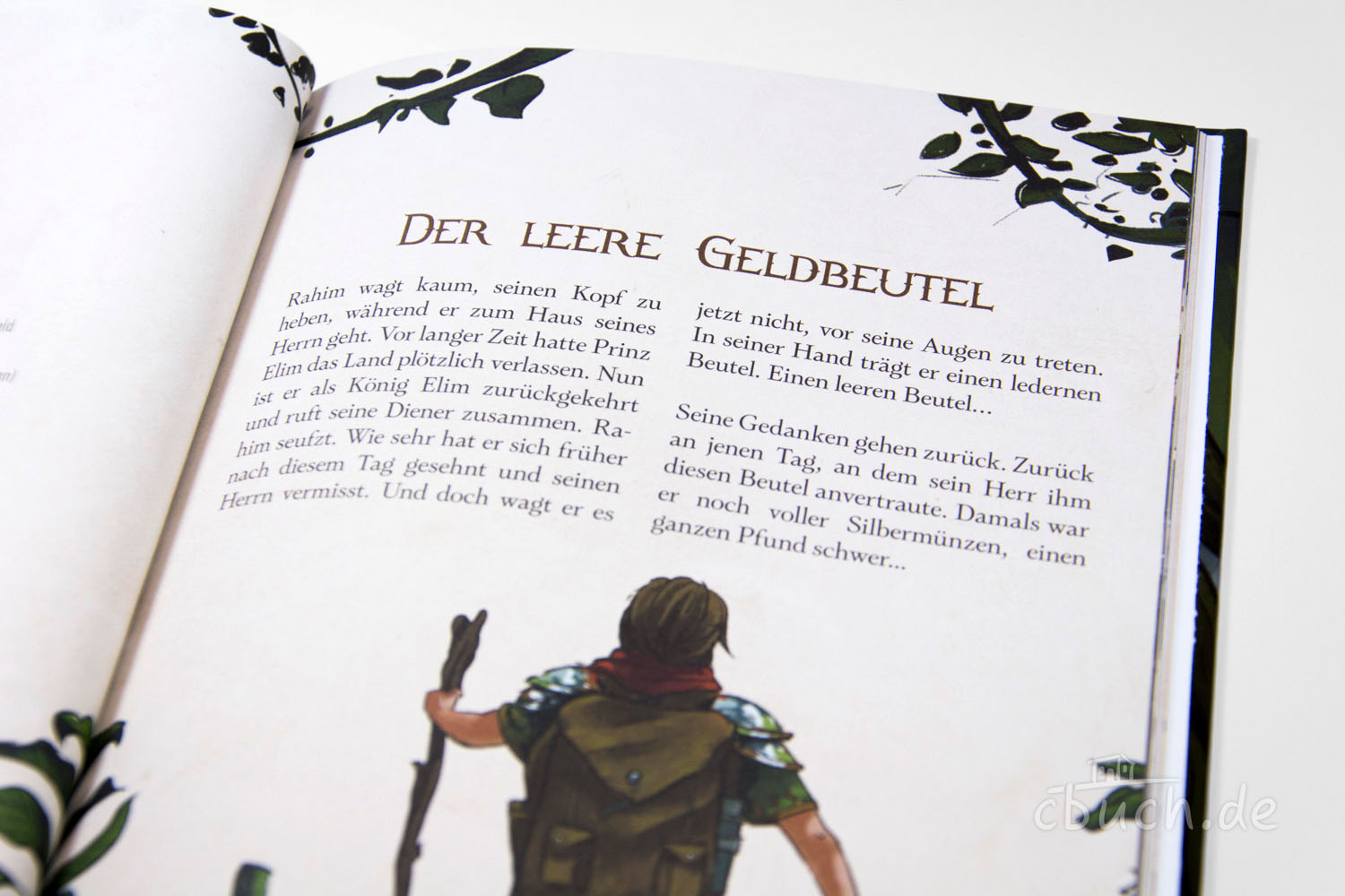 Geöffnete Buchseite Der leere Geldbeutel mit Text und Zeichn