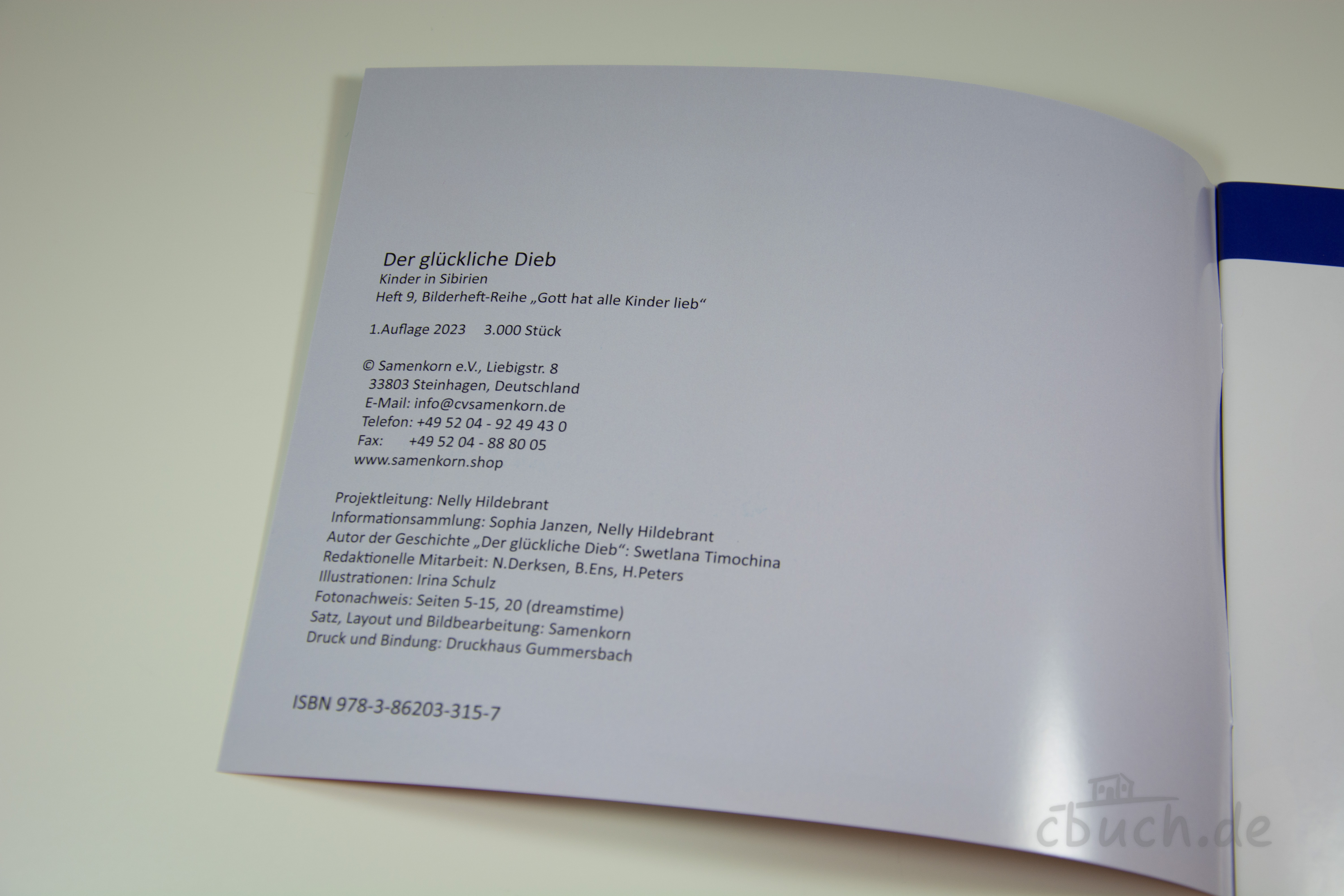Der glückliche Dieb - Kinder in Sibirien (Heft 9) | Samenkorn Impressumsseite des Kinderhefts „Der glückliche Dieb - Kinder in Sibirien (Heft 9)“ von Samenkorn, einer Missionsgeschichte für Kinder mit farbigen Bildern über Gottes Liebe.