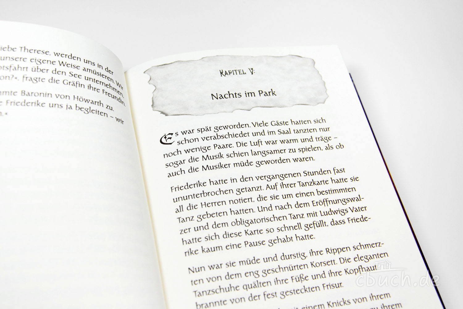 Buchseite Kapitel V: Nachts im Park Geöffnete Buchseite mit Kapitel V Überschrift 'Nachts im Par